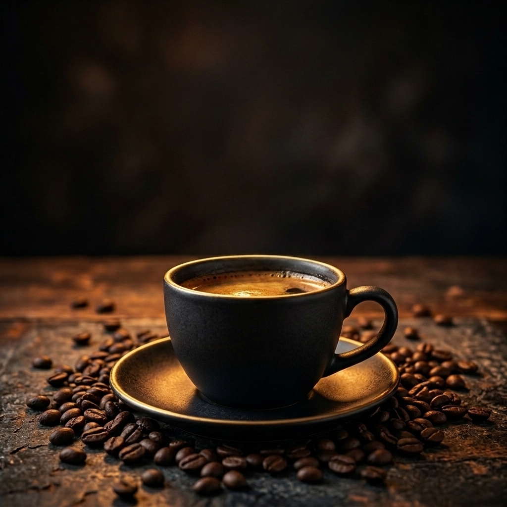 Taza de café espresso humeante con vapor dorado