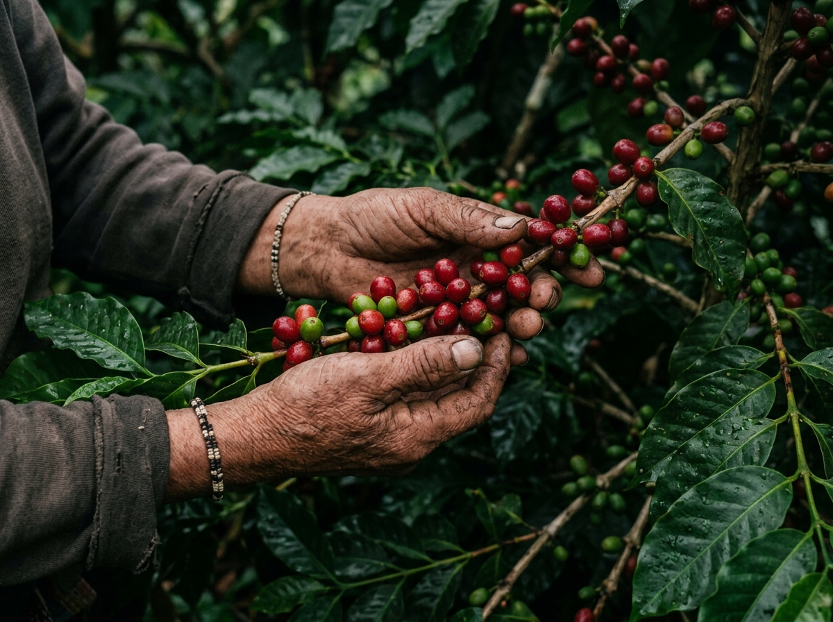 Cosecha de café de origen en manos de agricultores